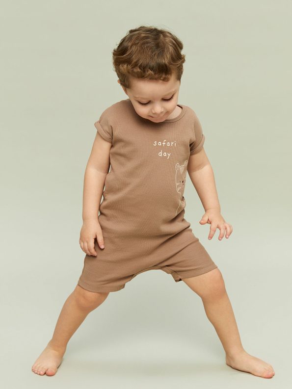 LCW Baby Beige Printed Boy's Cotton Romper Set