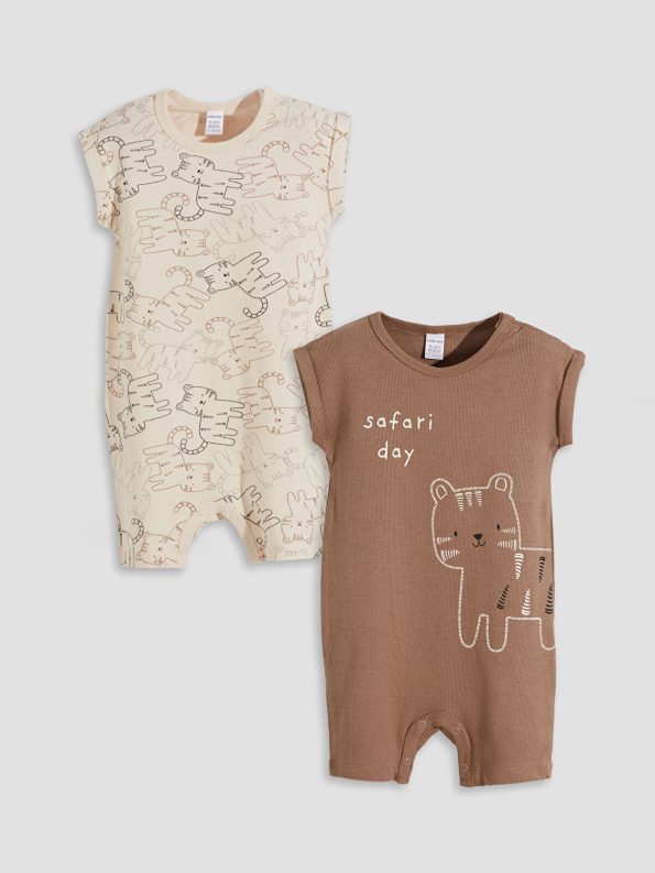 LCW Baby Beige Printed Boy's Cotton Romper Set