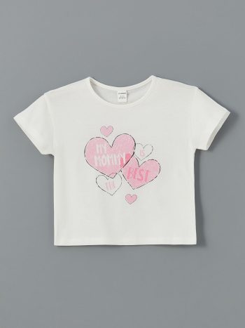 LCW Kids Cream Printed Crew Neck T-Shirt for Girls