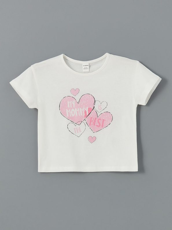 LCW Kids Cream Printed Crew Neck T-Shirt for Girls