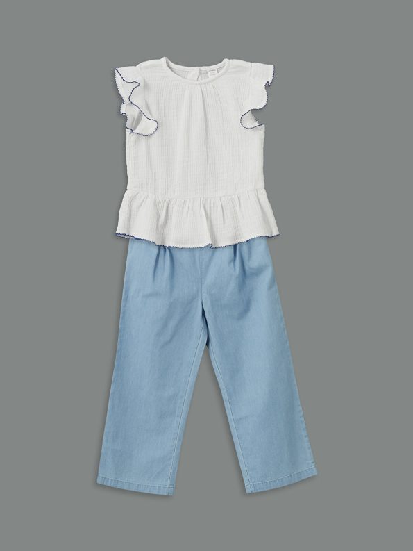 LCW Kids White Muslin Girls' Blouse and Pants Set