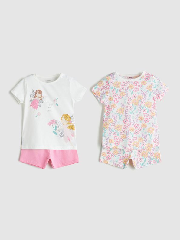LCW Baby Cream Short Sleeve Pajama Set for Girls