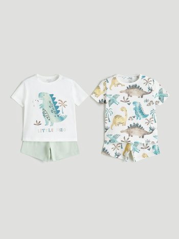 LCW Baby Cream Dinosaur Print Short Sleeve Pajama Set for Boys