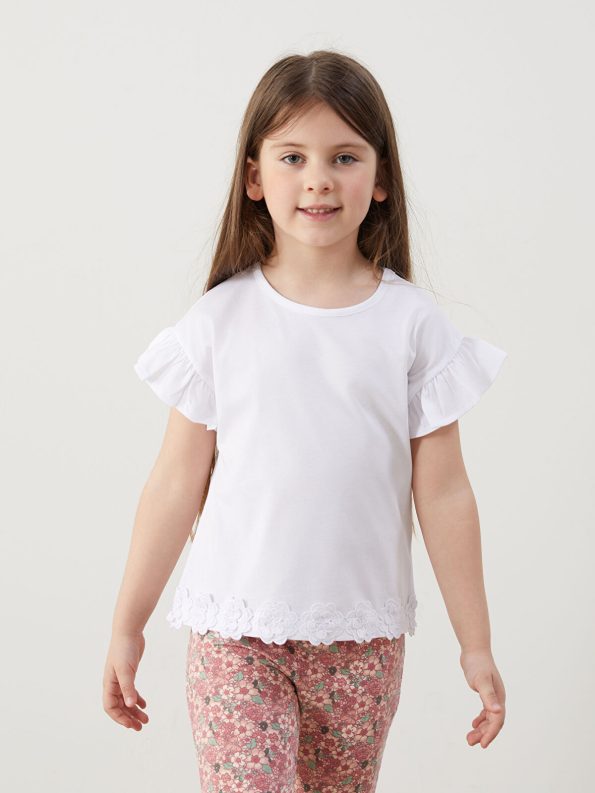 LCW Kids White Short Sleeve Ruffle Hem T-Shirt for Girls