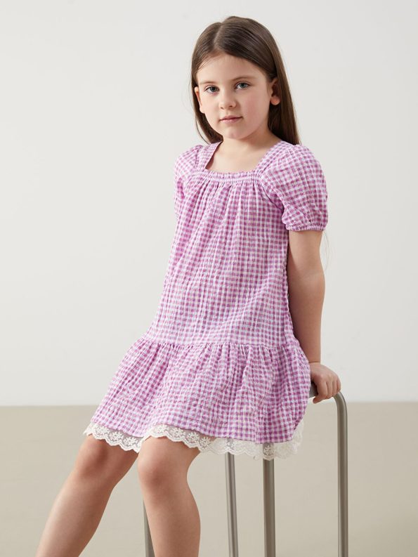LCW Kids Pink Checkered Dress with Lace Details
