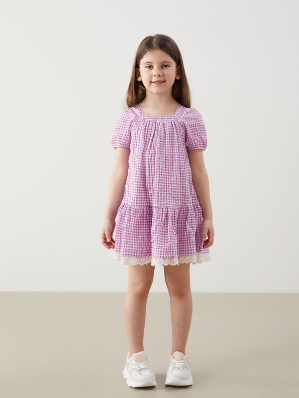 LCW Kids Pink Checkered Dress with Lace Details