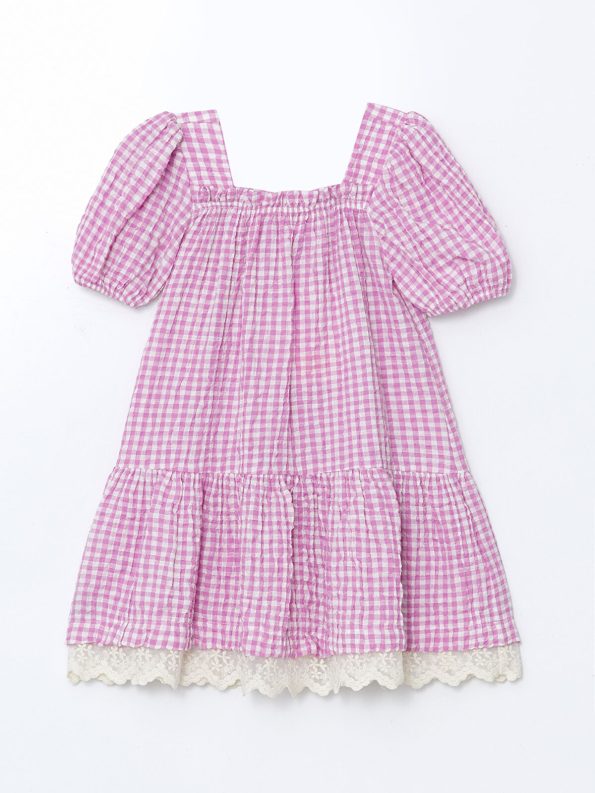 LCW Kids Pink Checkered Dress with Lace Details