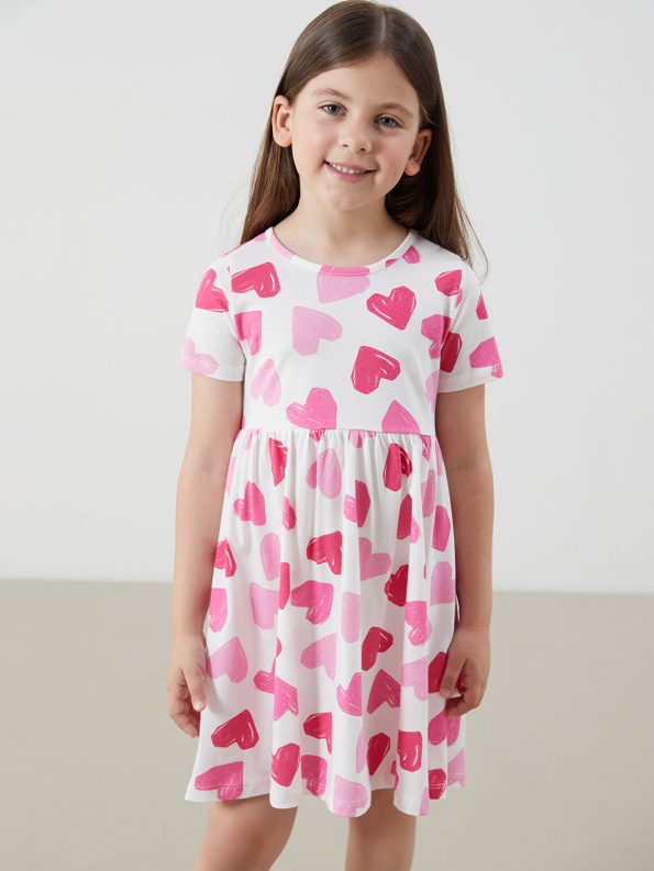 LCW Kids Cream Printed Crew Neck Dress for Girls