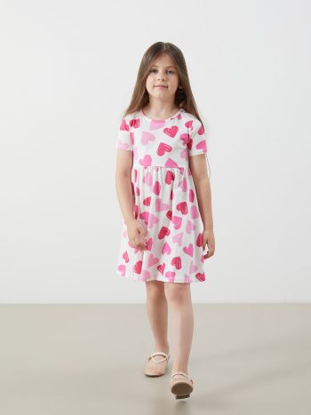 LCW Kids Cream Printed Crew Neck Dress for Girls
