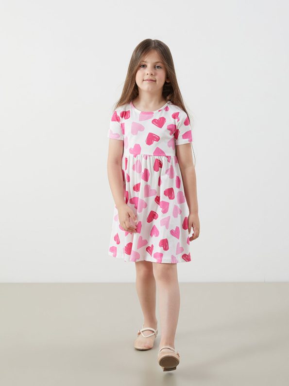 LCW Kids Cream Printed Crew Neck Dress for Girls