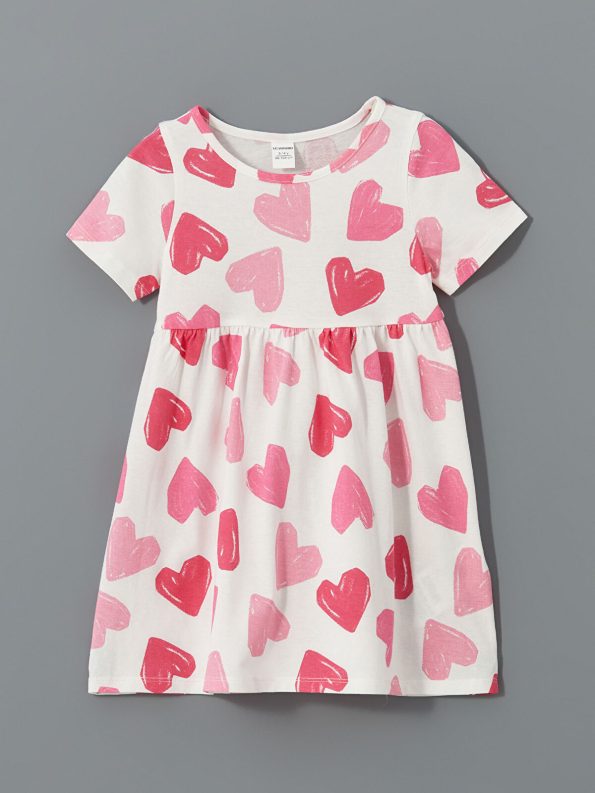LCW Kids Cream Printed Crew Neck Dress for Girls