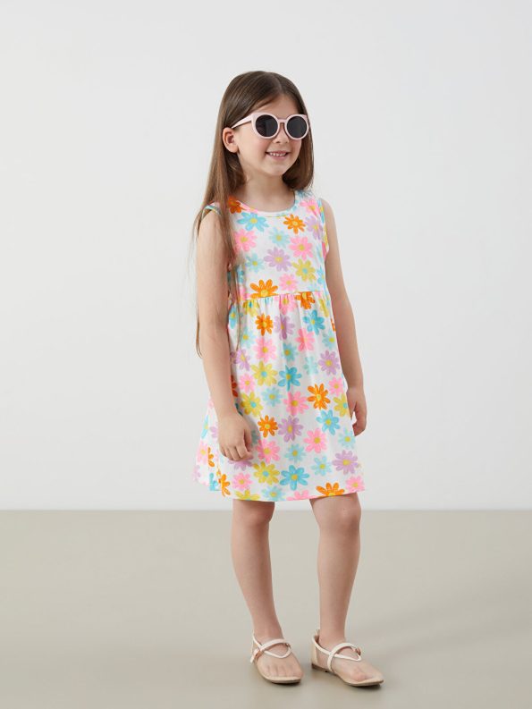LCW Kids Cream Printed Crew Neck Dress