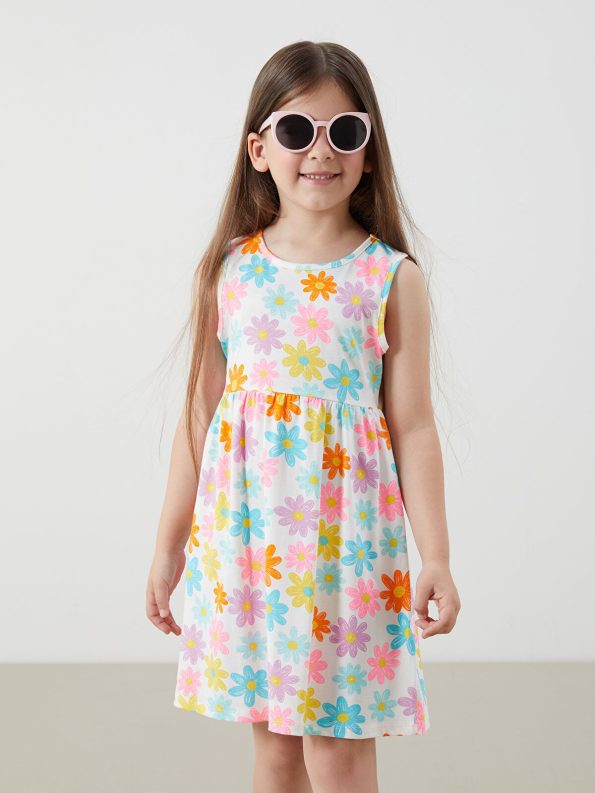 LCW Kids Cream Printed Crew Neck Dress