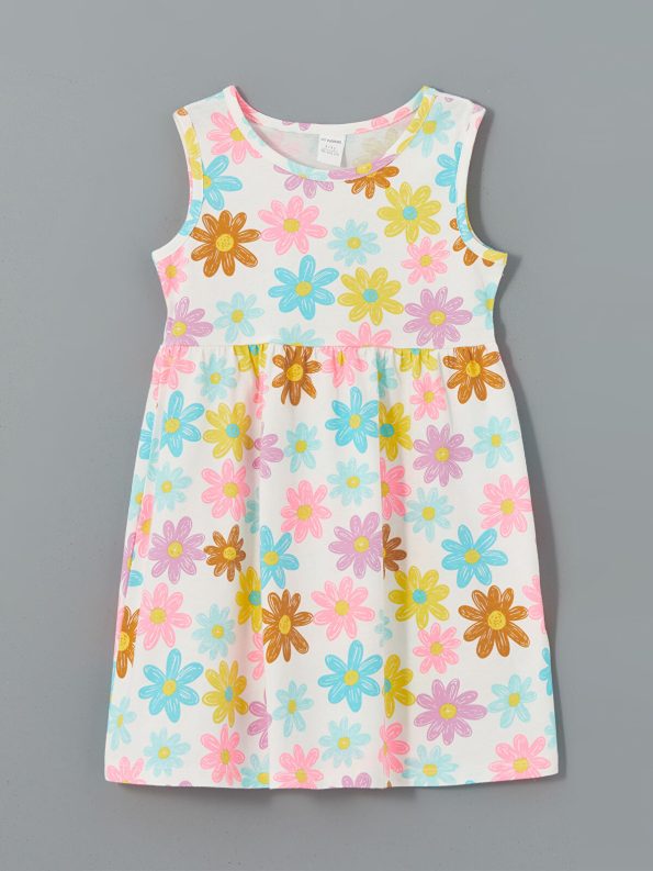 LCW Kids Cream Printed Crew Neck Dress