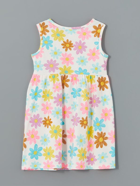 LCW Kids Cream Printed Crew Neck Dress