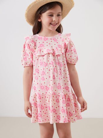 LCW Kids Pink Floral Crinkle Ruffle Dress