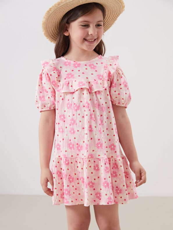LCW Kids Pink Floral Crinkle Ruffle Dress