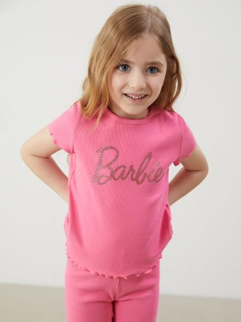 LCW Kids Pink Barbie Print Ruffled T-Shirt Set for Girls