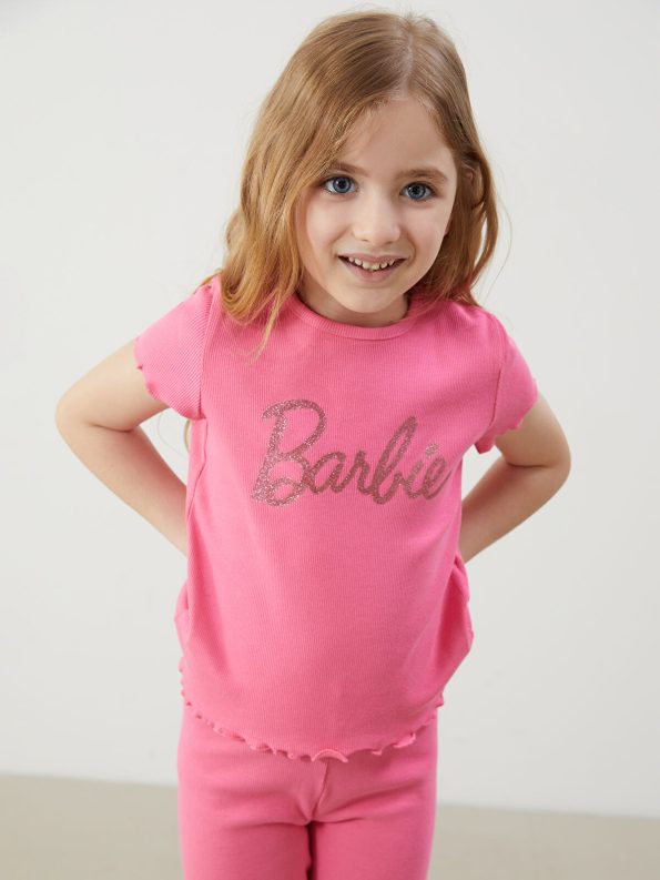 LCW Kids Pink Barbie Print Ruffled T-Shirt Set for Girls