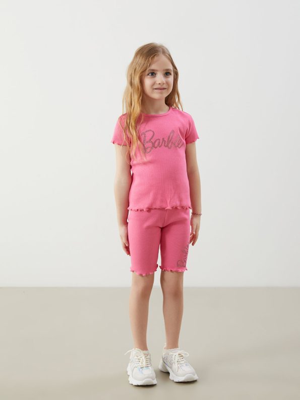 LCW Kids Pink Barbie Print Ruffled T-Shirt Set for Girls