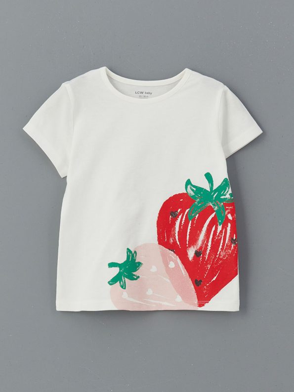 LCW Baby Ecru Strawberry Printed Girls' Short Pajama Set