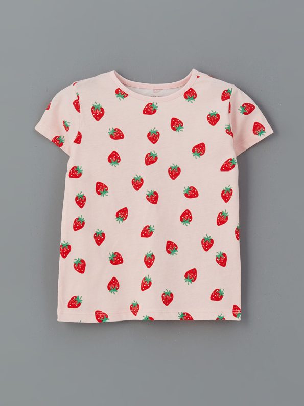 LCW Baby Ecru Strawberry Printed Girls' Short Pajama Set