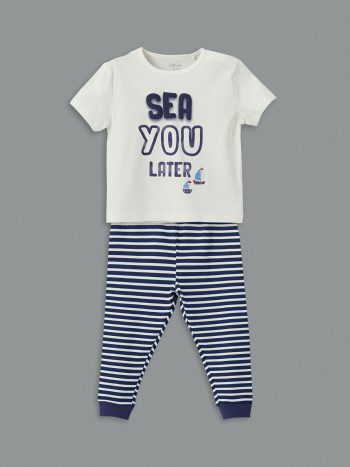 LCW Baby Ecru Bicycle Neck Printed Baby Boy Pajama Set