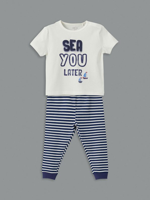 LCW Baby Ecru Bicycle Neck Printed Baby Boy Pajama Set