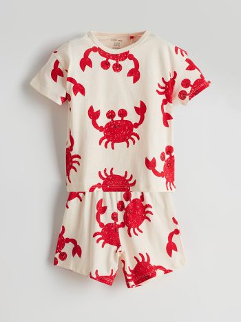 LCW Baby Cream Printed Boys' Short Pajama Set