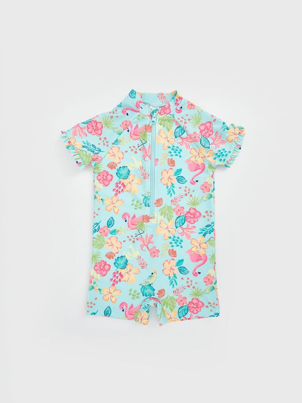 LCW Kids Green Floral Zip-Up Swimsuit for Girls