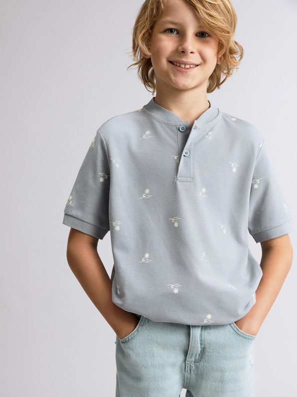 LCW Kids Cream Patterned Short Sleeve Polo T-Shirt for Boys