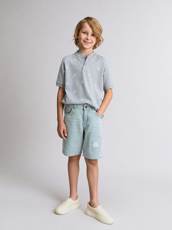 LCW Kids Cream Patterned Short Sleeve Polo T-Shirt for Boys