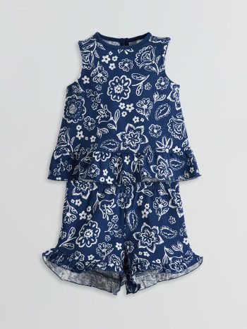 LCW Baby Indigo Floral Blouse and Ruffled Shorts Set