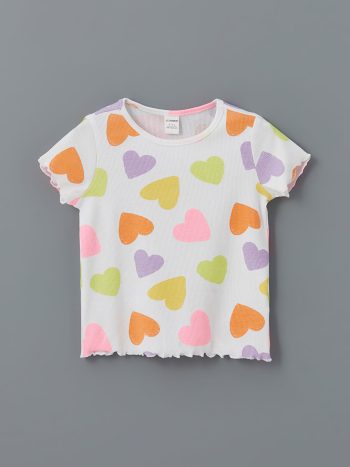 LCW Kids Cream Heart Print Ruffled Ribbed T-Shirt