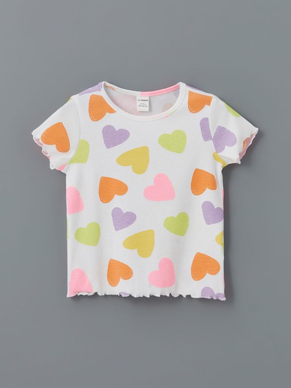 LCW Kids Cream Heart Print Ruffled Ribbed T-Shirt