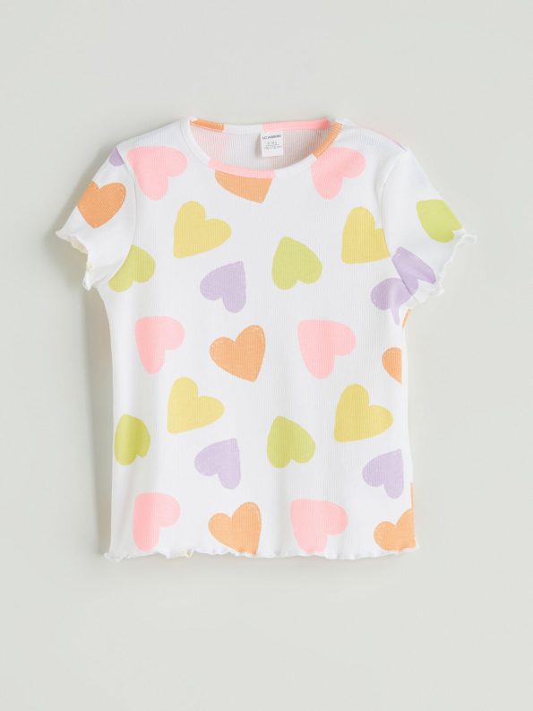 LCW Kids Cream Heart Print Ruffled Ribbed T-Shirt