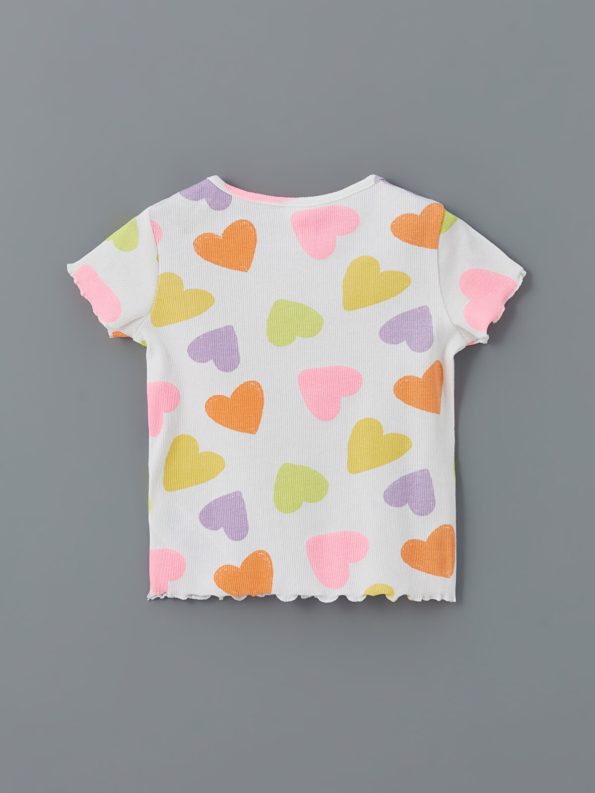 LCW Kids Cream Heart Print Ruffled Ribbed T-Shirt