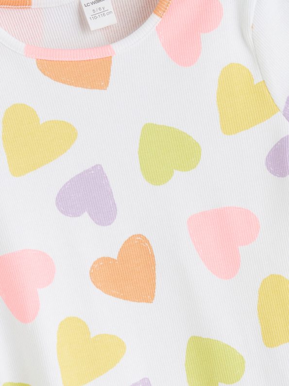 LCW Kids Cream Heart Print Ruffled Ribbed T-Shirt