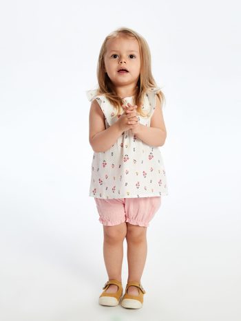 LCW Baby Ecru Floral Print Blouse and Shorts Set for Girls