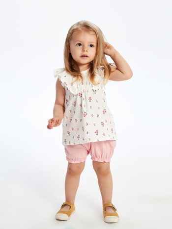 LCW Baby Ecru Floral Print Blouse and Shorts Set for Girls