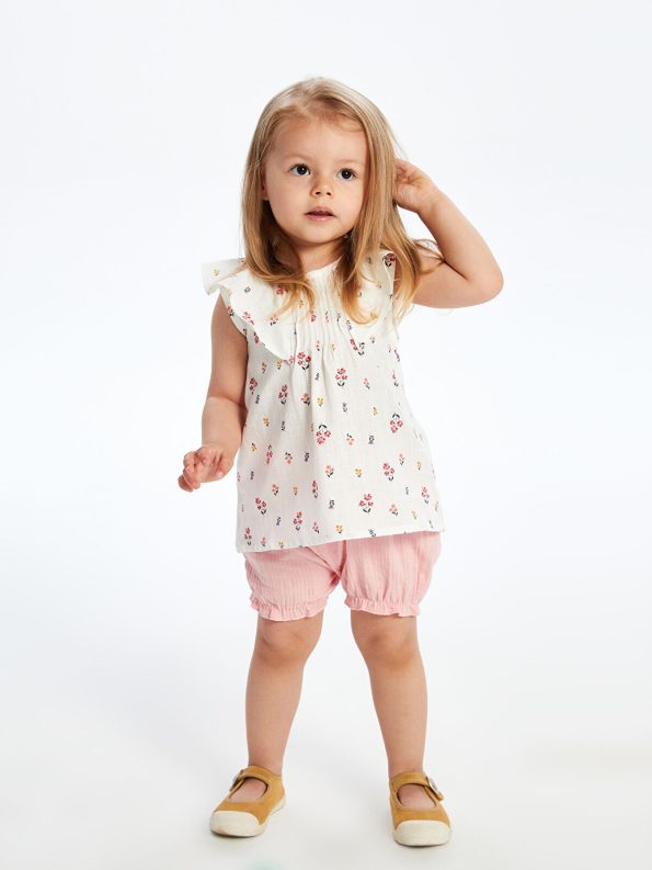 LCW Baby Ecru Floral Print Blouse and Shorts Set for Girls
