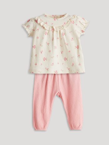 LCW Baby Cream Ruffled Floral Blouse and Pants Set