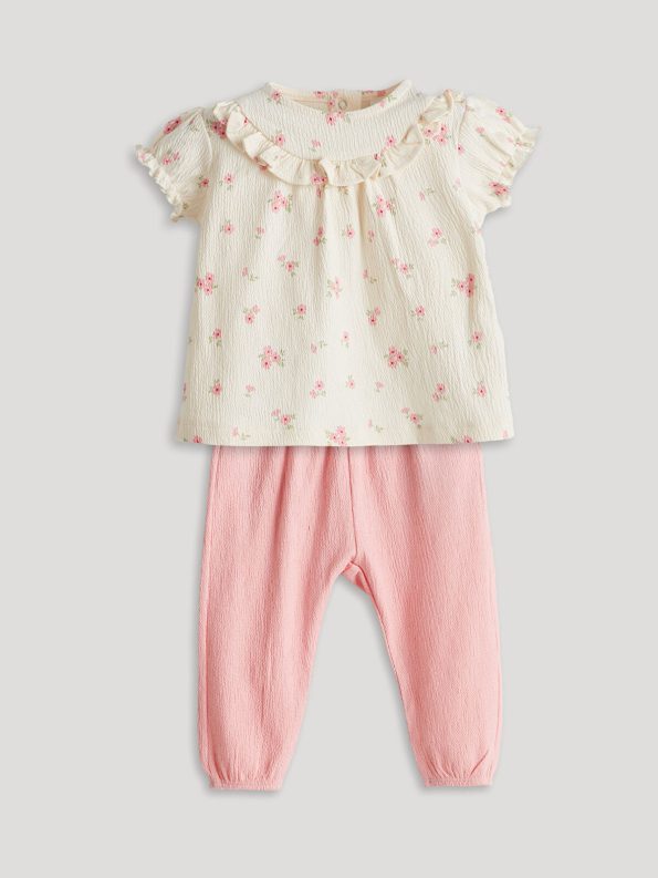 LCW Baby Cream Ruffled Floral Blouse and Pants Set