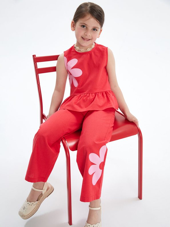 LCW Kids Red Floral Blouse and Pants Set for Girls