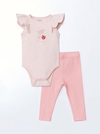 LCW Baby Pink Fruit Print Girls Bodysuit and Leggings Set