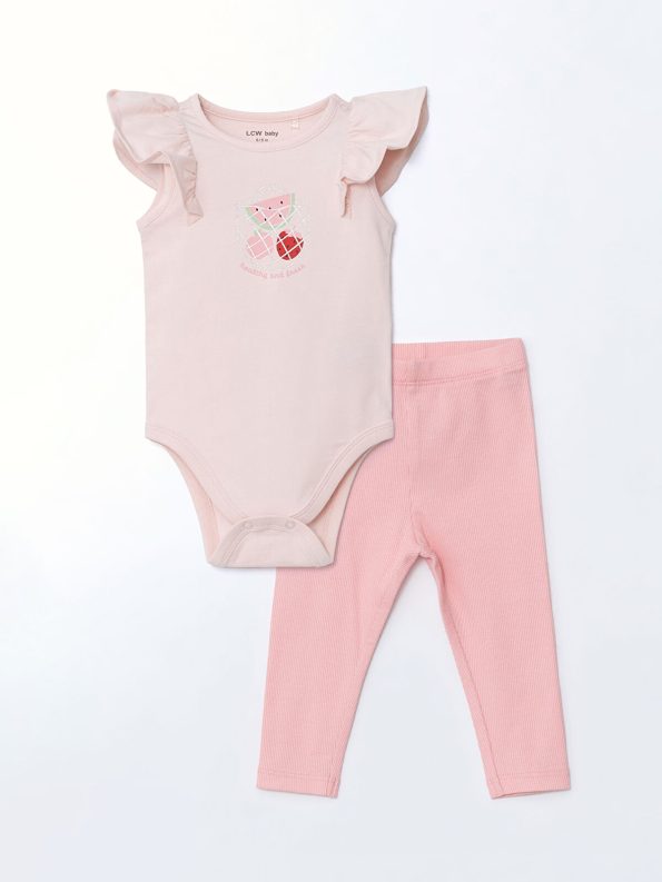 LCW Baby Pink Fruit Print Girls Bodysuit and Leggings Set