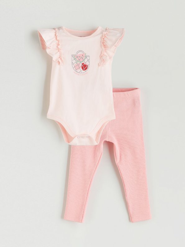 LCW Baby Pink Fruit Print Girls Bodysuit and Leggings Set