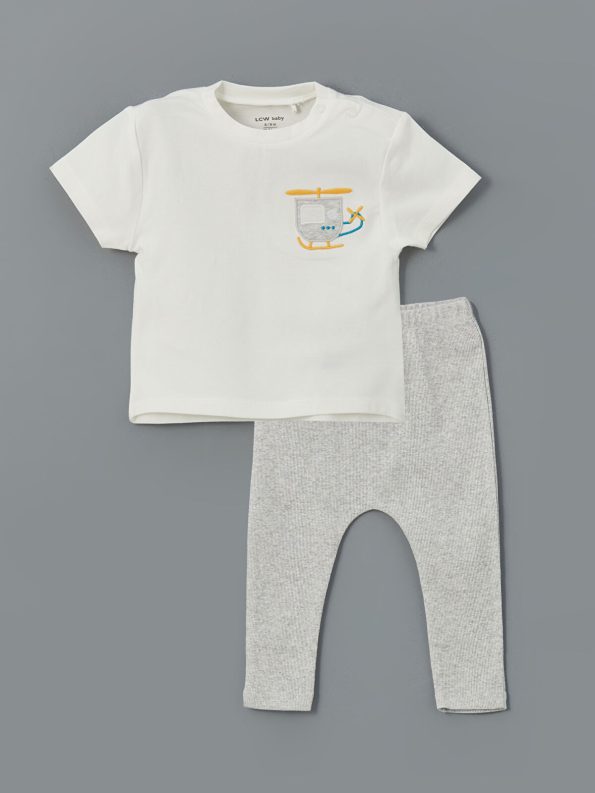LCW Baby Cream Printed Boys T-Shirt and Leggings Set