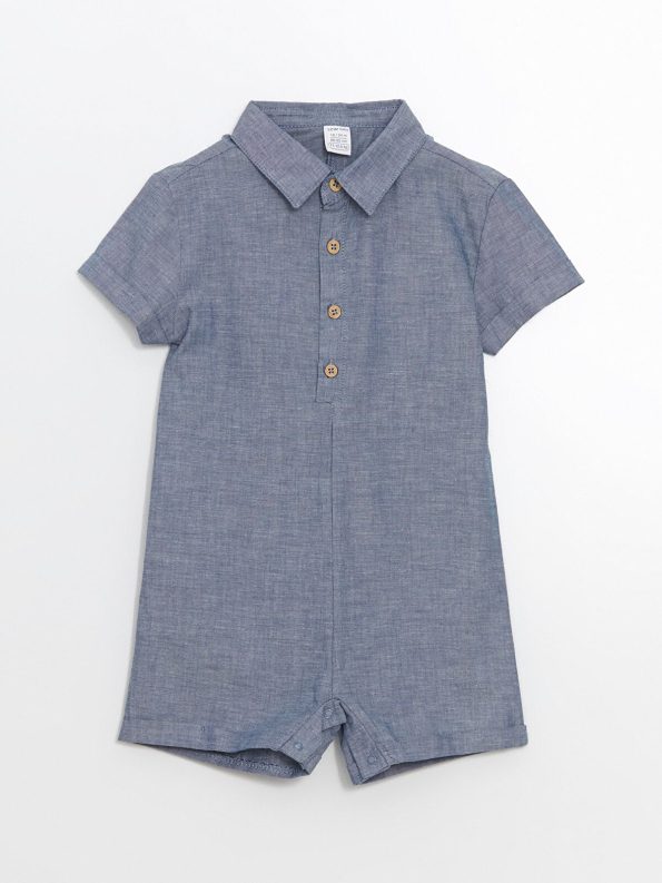 LCW Baby Blue Polo Collar Boys' Muslin Romper