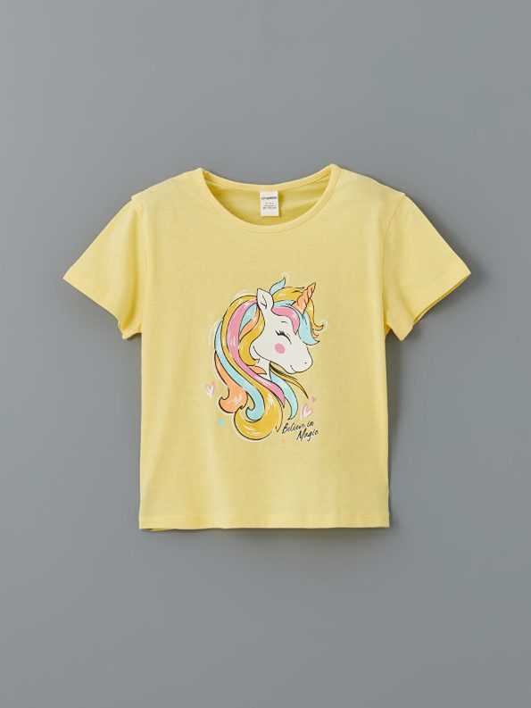 LCW Kids Yellow Crew Neck Printed T-Shirt and Leggings Set